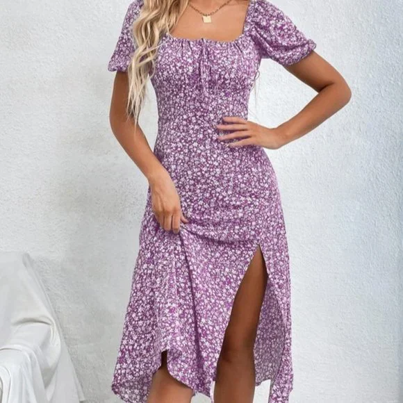 Shein Dress 6 Medium Lilac Purple Pink Floral Long Midi Puffy Short Sleeve Slit - Picture 1 of 5
